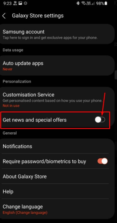 turn off get special offers from galaxy store