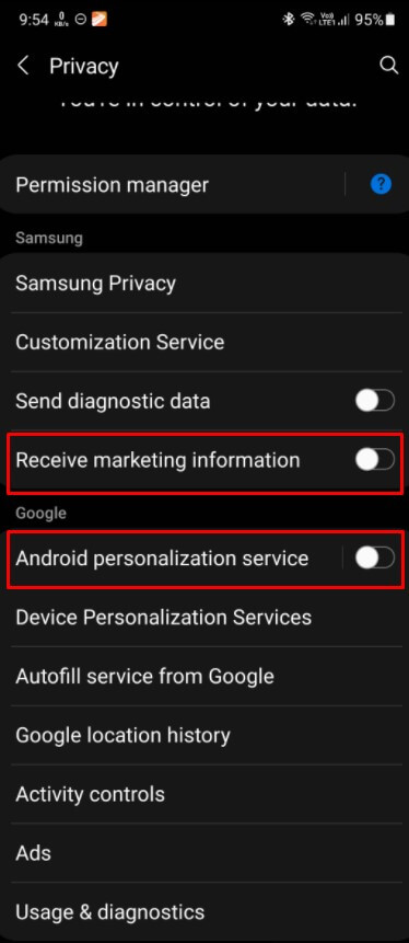 turn off receive marketing information and personalization service from privacy setting