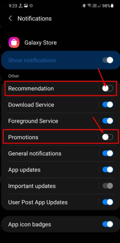 turn off recommnedation and promotions notification from galaxy store